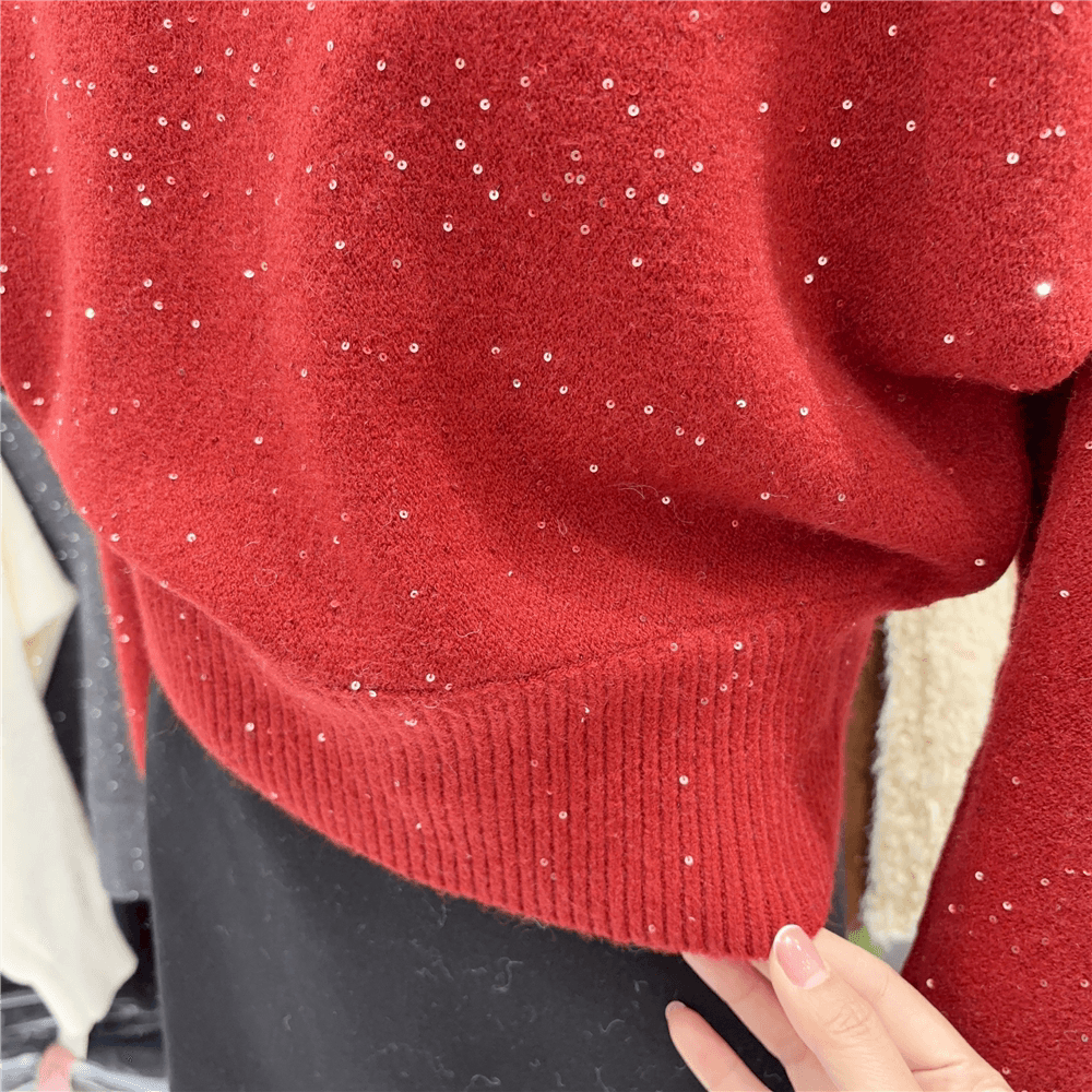 신년 빨간색 행침 목 오프숄더 작은 심장 기계 스웨터 여자 느긋한 바람 슬림해 보이는 자이언트 잘 생긴 스팽글 니트 맨위 상세 이미지 12