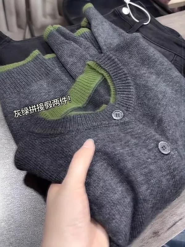 빅 사이즈 그리드 레이 부서 라운드 넥 긴팔 니트 오픈 가디건 여성 가을 섹션 지방 mm 페이크 레이어드 루즈핏 슬림해 보이는 다용도 스웨터 이미지 4