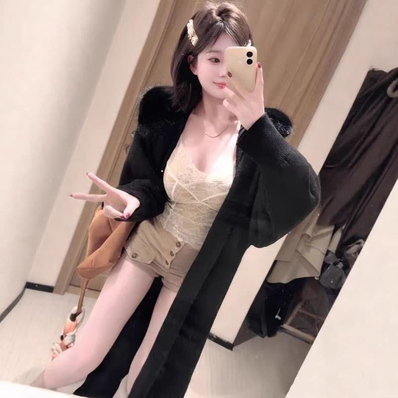 털 모피 칼라 재킷 롱 코트 바람막이 가을 겨울철 니트 오픈 가디건 스웨터 여성 의류 두꺼운 코트 루즈핏 패션 한국 스타일 상세 이미지 6