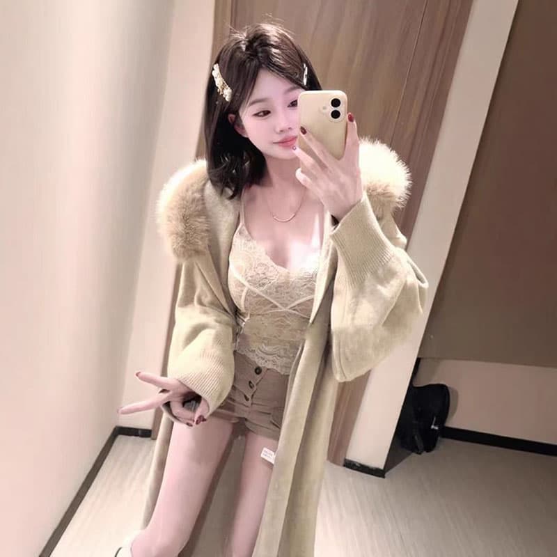 털 모피 칼라 재킷 롱 코트 바람막이 가을 겨울철 니트 오픈 가디건 스웨터 여성 의류 두꺼운 코트 루즈핏 패션 한국 스타일 상세 이미지 7