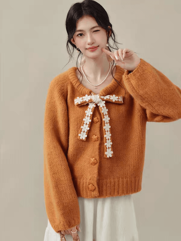 Ouyang 안녕하세요. 분말 동화 나비 매듭 스트랩 여성 가을 겨울철 핑크색 스웨터 모직물 오픈 가디건 인사이드 잡아라. 의류 상세 이미지 1
