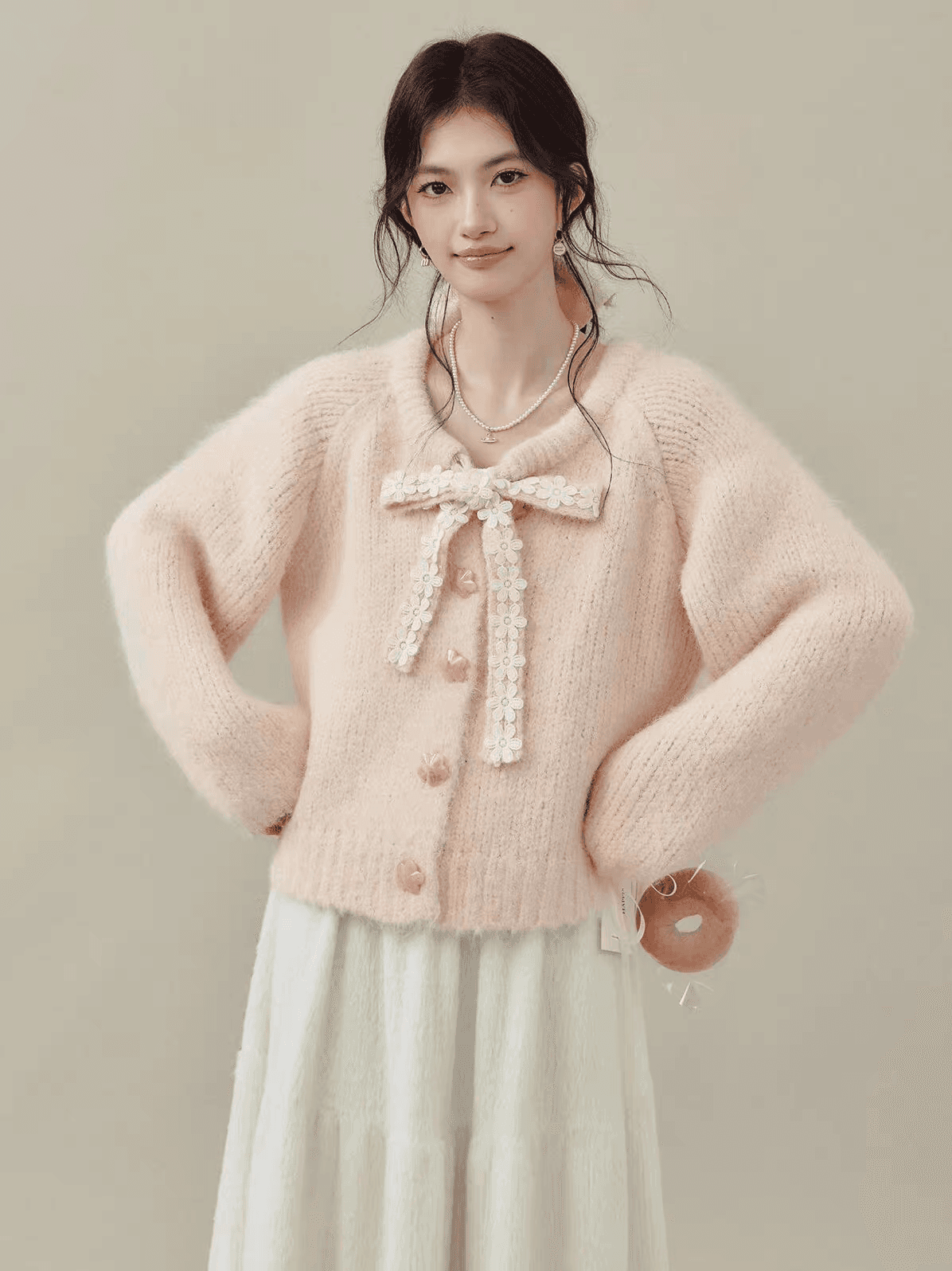 Ouyang 안녕하세요. 분말 동화 나비 매듭 스트랩 여성 가을 겨울철 핑크색 스웨터 모직물 오픈 가디건 인사이드 잡아라. 의류 상세 이미지 2