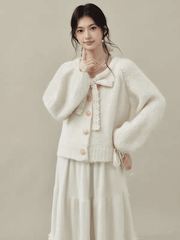Ouyang 안녕하세요. 분말 동화 나비 매듭 스트랩 여성 가을 겨울철 핑크색 스웨터 모직물 오픈 가디건 인사이드 잡아라. 의류 상세 이미지 3