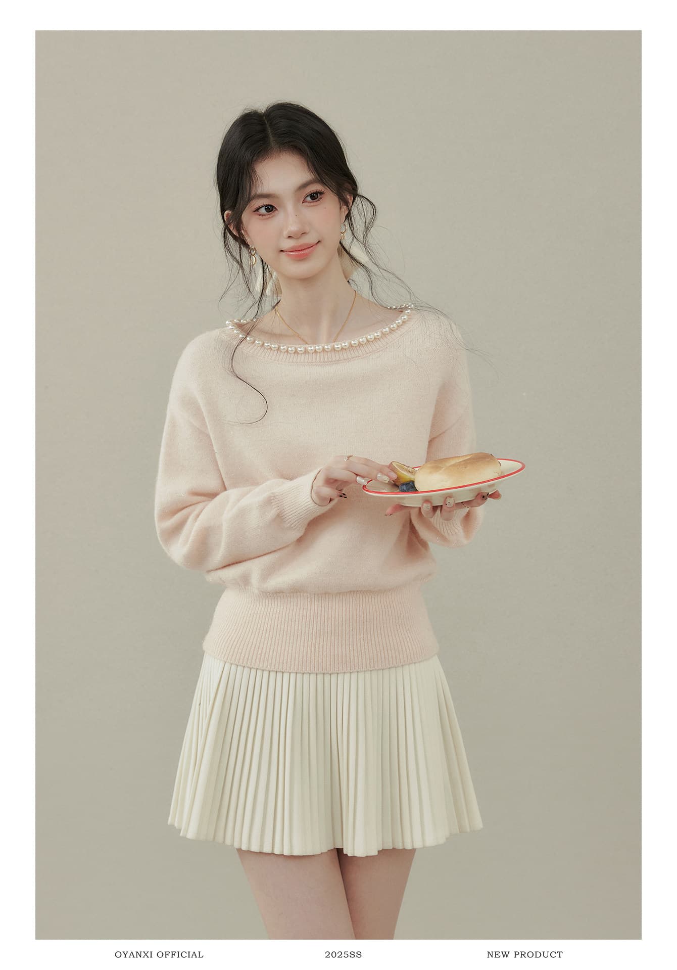 Ouyang 안녕하세요. 달콤한 숙련 된 브라운 니켈 가을 겨울철 핑크색 스웨터 진주 칼라 라운드 넥 니트 스웨터 여성 인사이드 잡아라. 의류