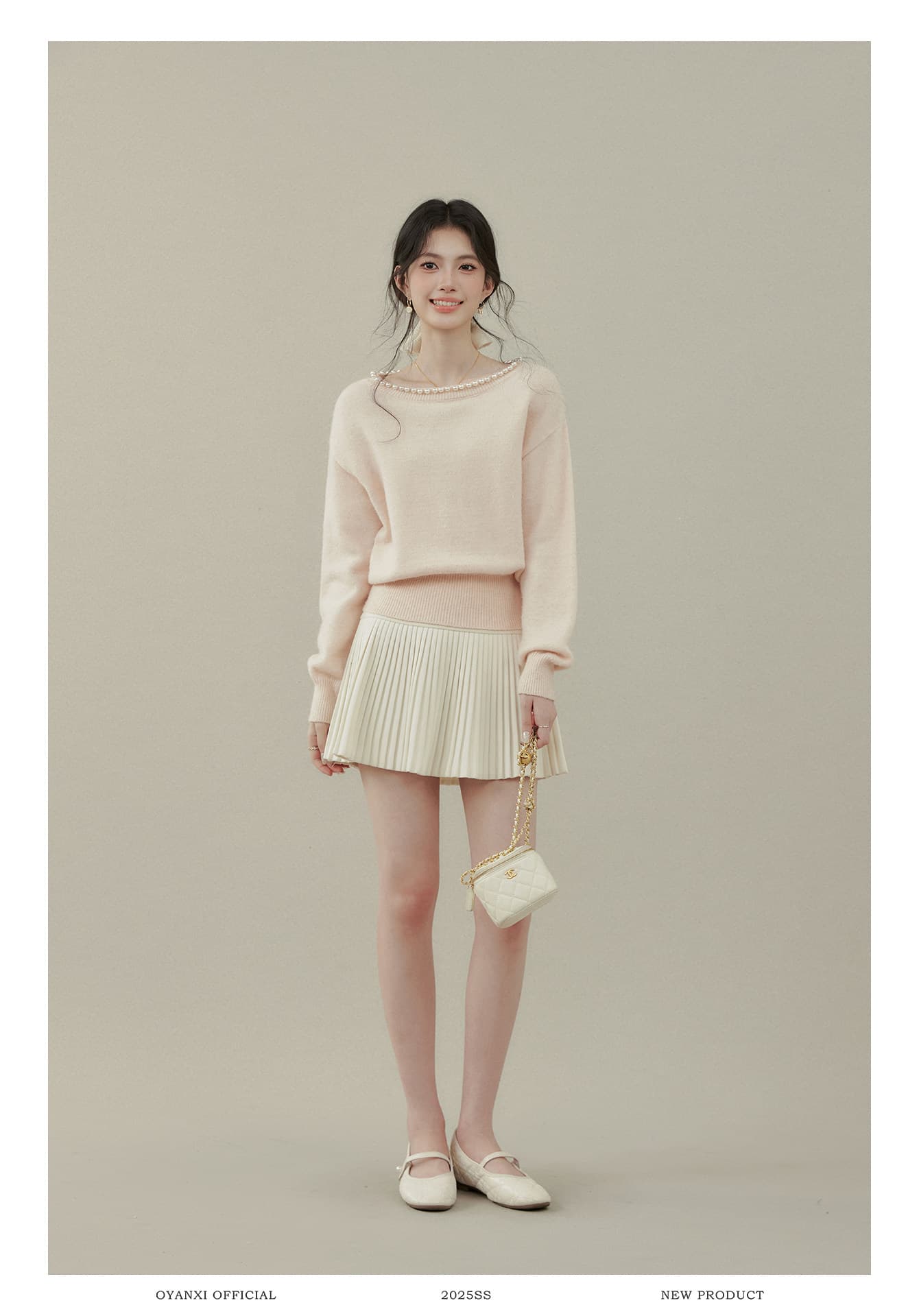 Ouyang 안녕하세요. 달콤한 숙련 된 브라운 니켈 가을 겨울철 핑크색 스웨터 진주 칼라 라운드 넥 니트 스웨터 여성 인사이드 잡아라. 의류 상세 이미지 4