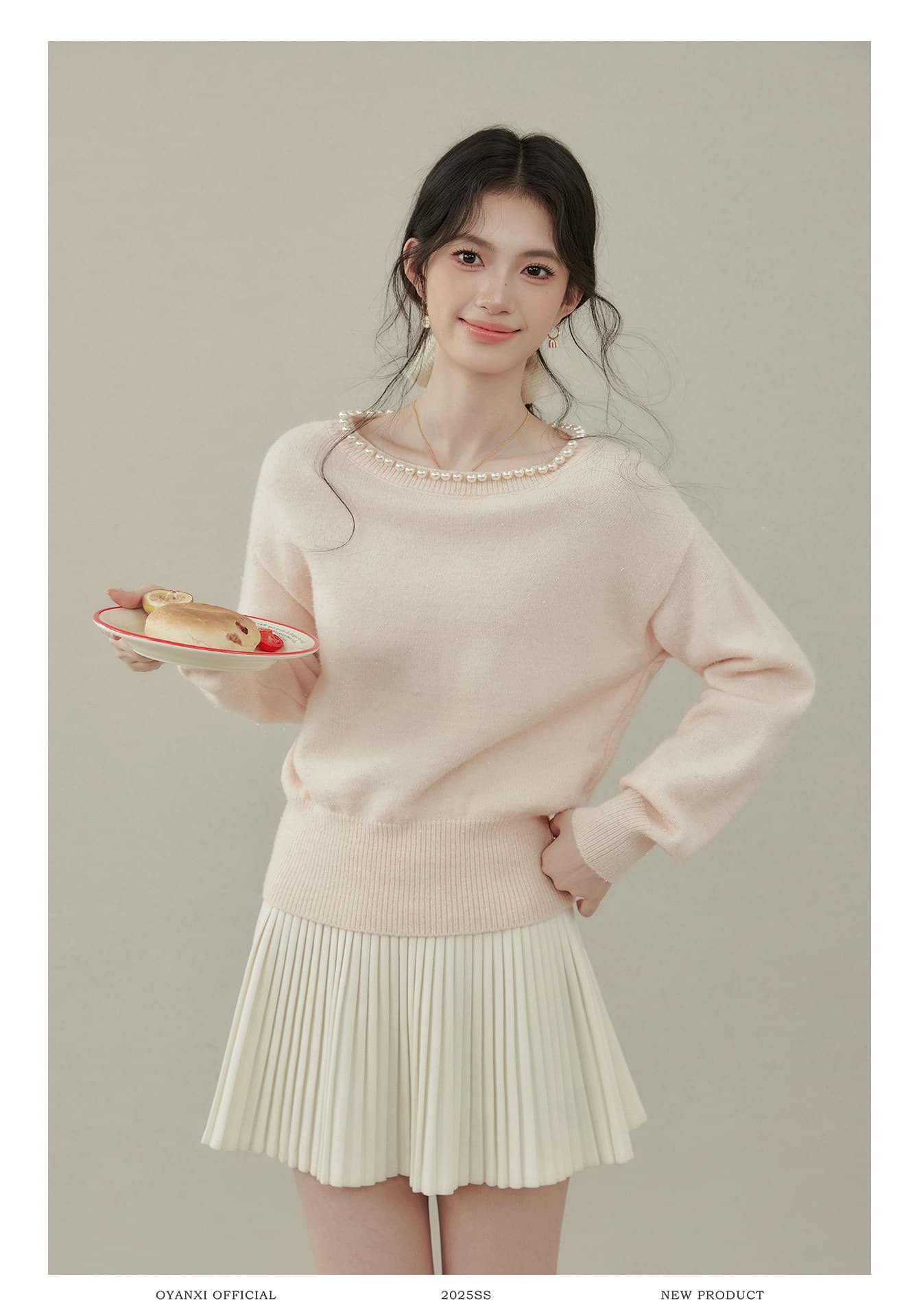 Ouyang 안녕하세요. 달콤한 숙련 된 브라운 니켈 가을 겨울철 핑크색 스웨터 진주 칼라 라운드 넥 니트 스웨터 여성 인사이드 잡아라. 의류 상세 이미지 10