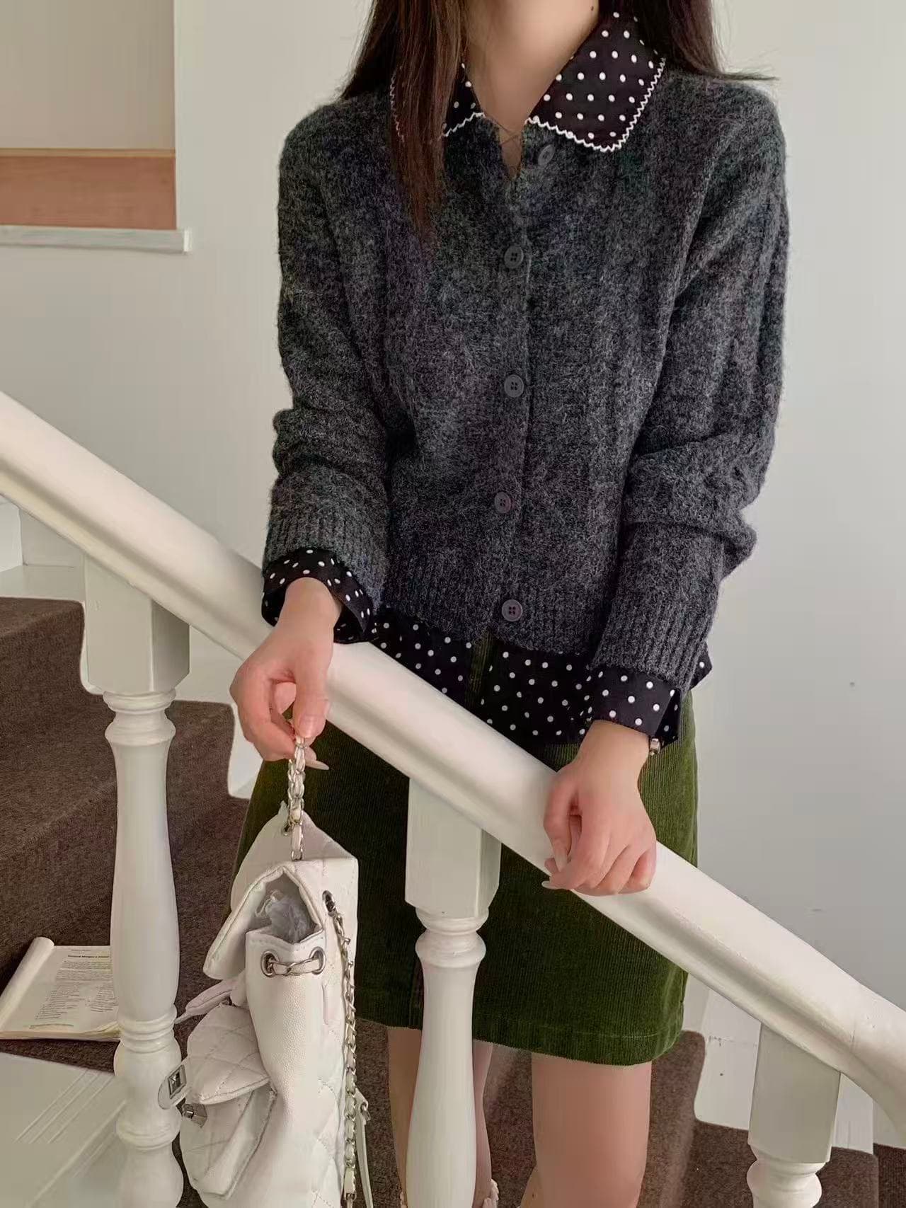 necy 페이크 레이어드 레트로 도트 무늬 여성 코트 가을 겨울 새로운 마 무늬 스웨터 오픈 가디건 몸매 가꾸기 달콤한 차가운 맨위 이미지 2