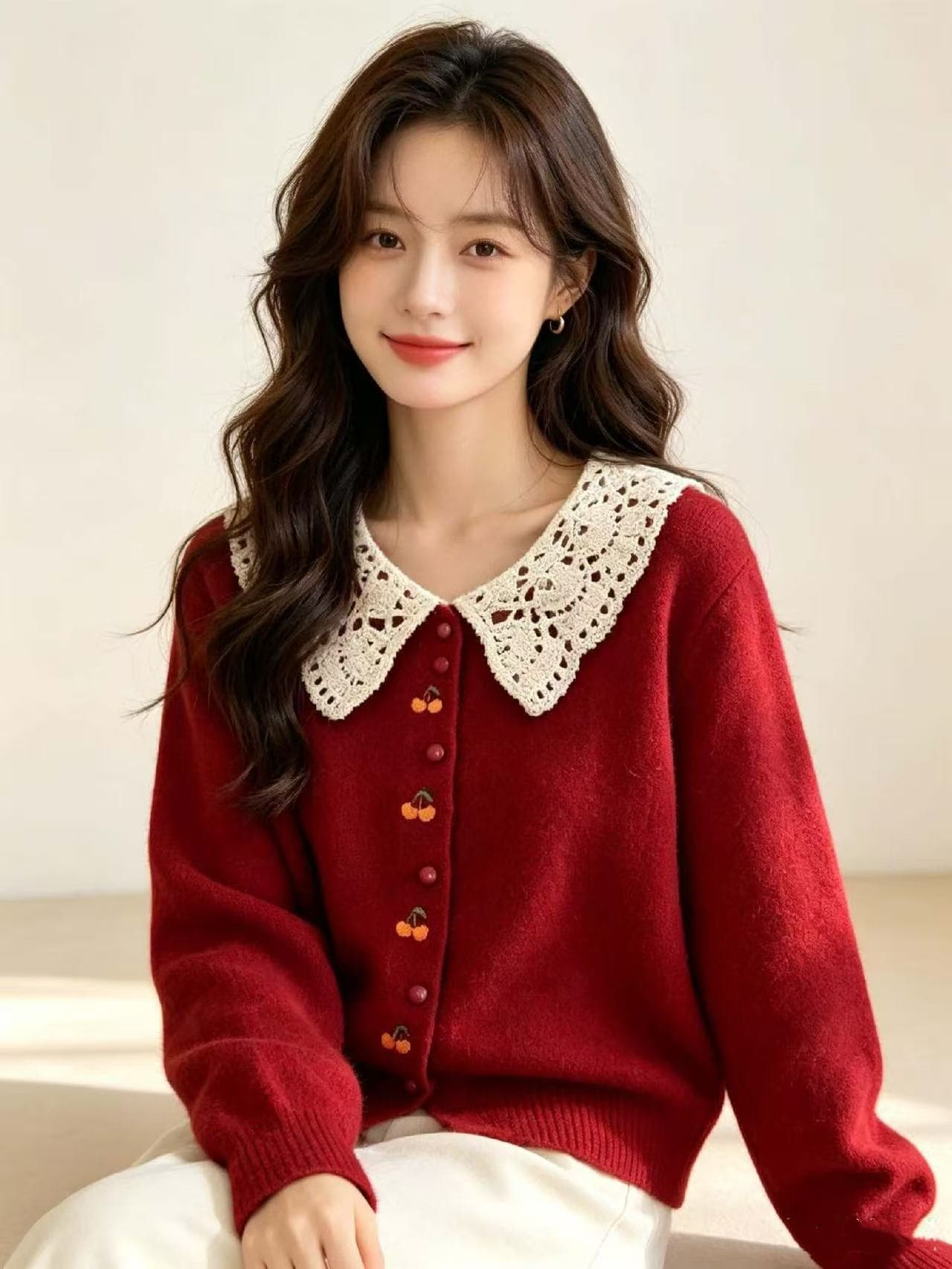 달콤한 도움말 2026 새로운 레이스 베이비 칼라 빨간색 스웨터 여자 가을 겨울 달콤함 작은 샤넬 스타일 니트 스웨터 맨위 상세 이미지 3