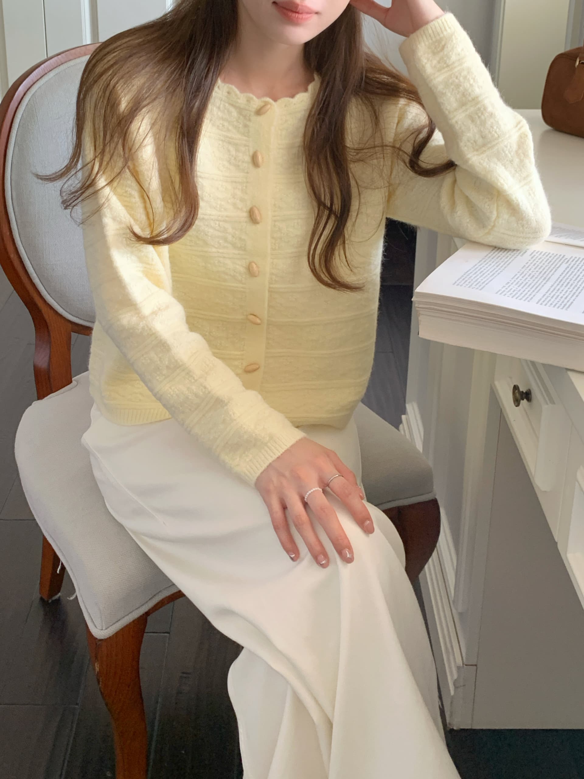 황색 올리브 버클 자카드 스웨터 오픈 가디건 여성 가을 겨울 새로운 한 부서 루즈핏 따뜻한 부드럽다 찹쌀 니트 재킷 다용도 상세 이미지 3