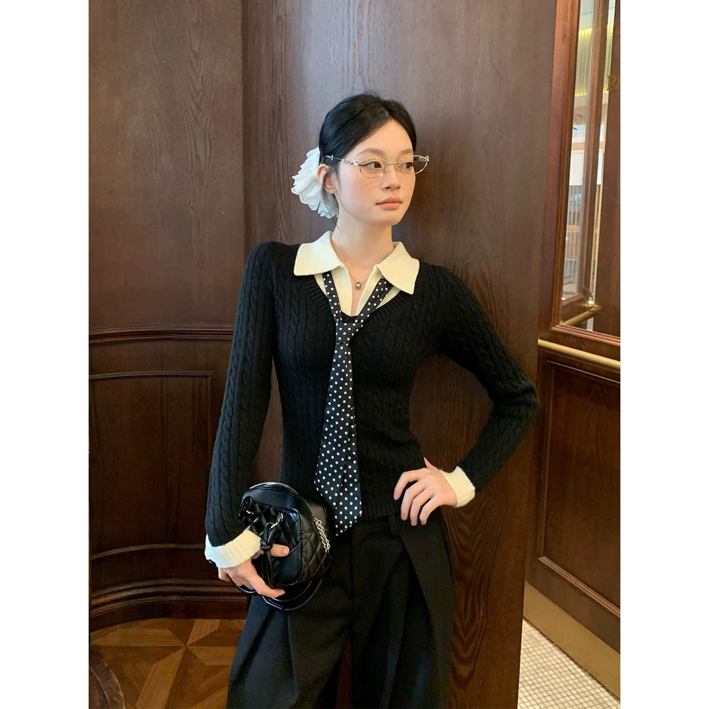 송 긍정적 인 En 커피 색상 POLO 칼라 페이크 레이어드 니트 스웨터 여성 스웨터 가을 인사이드 가져 가라. 몸매 가꾸기 쇼트 스타일 긴팔 작은 맨위 이미지 2
