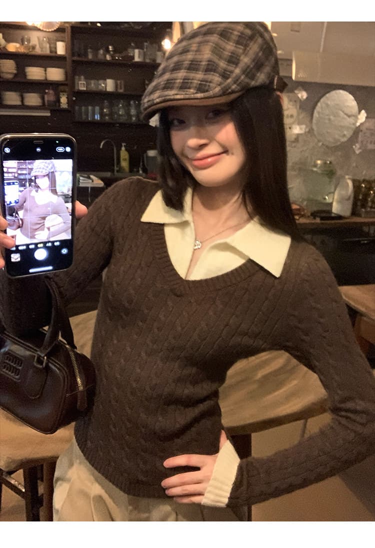 송 긍정적 인 En 커피 색상 POLO 칼라 페이크 레이어드 니트 스웨터 여성 스웨터 가을 인사이드 가져 가라. 몸매 가꾸기 쇼트 스타일 긴팔 작은 맨위 상세 이미지 13