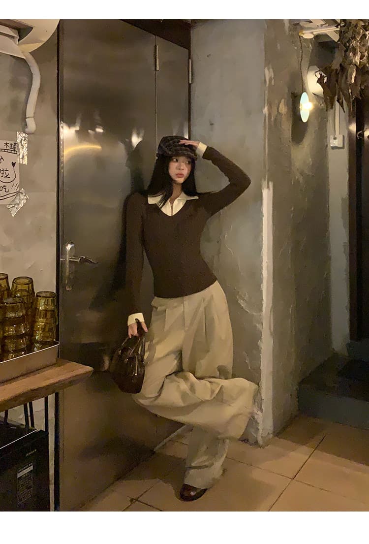 송 긍정적 인 En 커피 색상 POLO 칼라 페이크 레이어드 니트 스웨터 여성 스웨터 가을 인사이드 가져 가라. 몸매 가꾸기 쇼트 스타일 긴팔 작은 맨위 상세 이미지 18