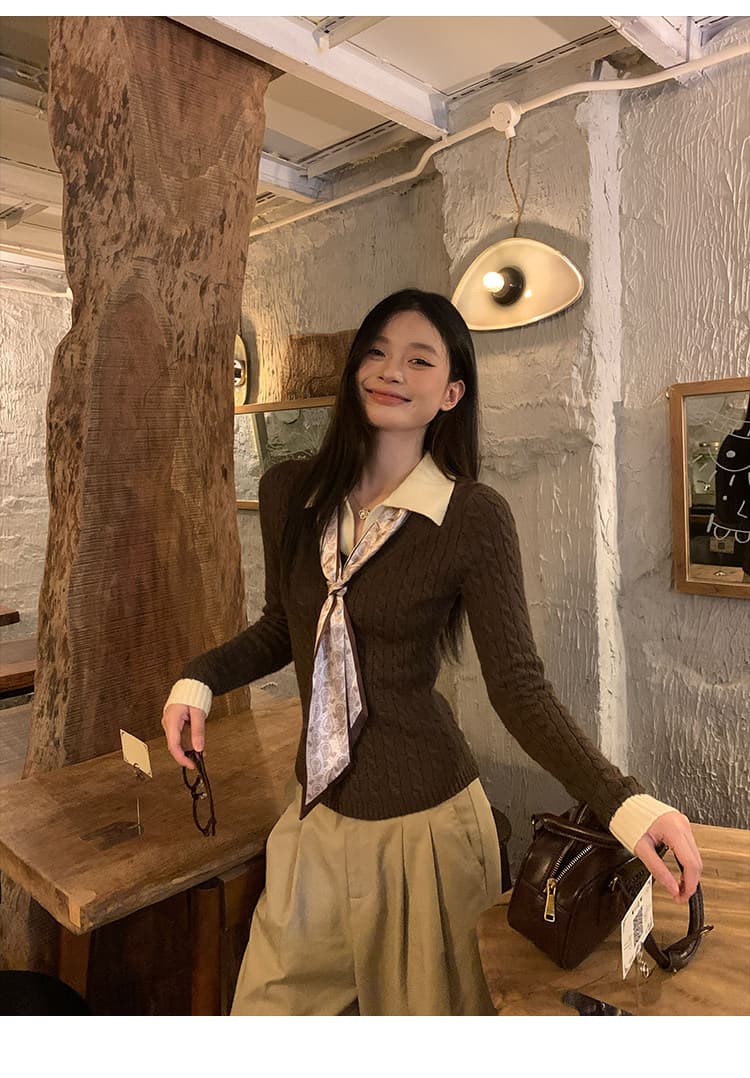 송 긍정적 인 En 커피 색상 POLO 칼라 페이크 레이어드 니트 스웨터 여성 스웨터 가을 인사이드 가져 가라. 몸매 가꾸기 쇼트 스타일 긴팔 작은 맨위 상세 이미지 19