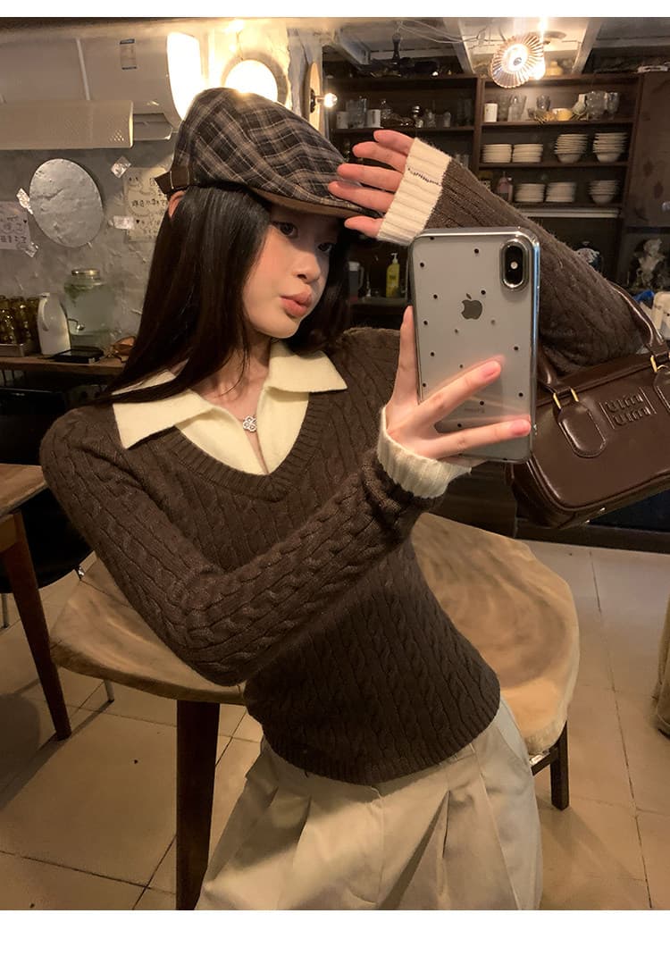송 긍정적 인 En 커피 색상 POLO 칼라 페이크 레이어드 니트 스웨터 여성 스웨터 가을 인사이드 가져 가라. 몸매 가꾸기 쇼트 스타일 긴팔 작은 맨위 상세 이미지 20