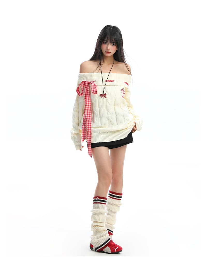 ptginkin 오프숄더 체크무늬 스트랩 꽈배기 스웨터 여자 가을 겨울 부드러운 찹쌀 느긋한 바람 두꺼운 니트 스웨터 맨위 상세 이미지 21
