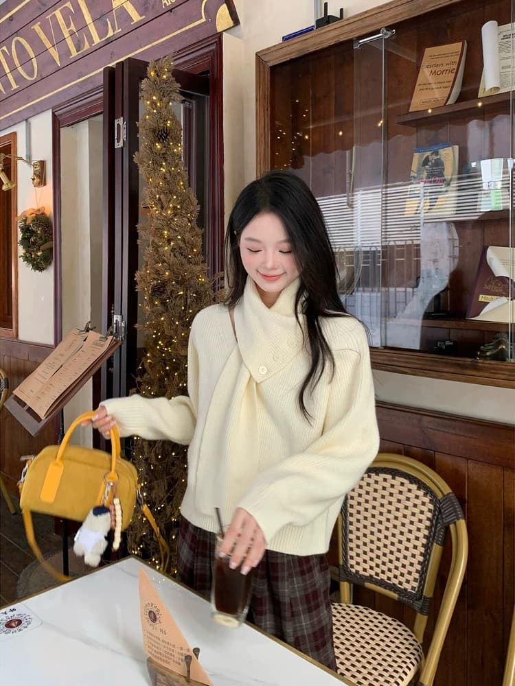 케이크를 잘라 직접 만든 작은 키 파란색 새로운 맨위 여성 디자인 센스 스카프 부드러운 스웨터 니트 스웨터 재킷 이미지 3