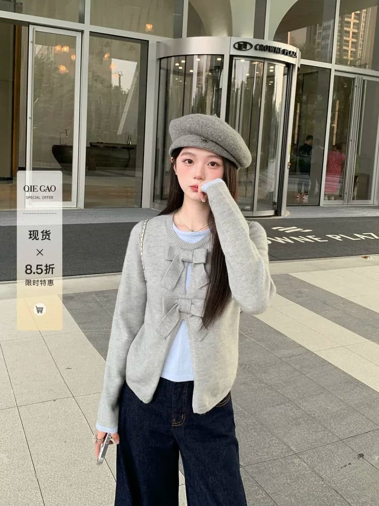 케이크를 잘라 직접 만든 작은 키 새로운 맨위 여성 디자인 센스 나비 매듭 페이크 레이어드 스웨터 니트 스웨터 털 셔츠 이미지 3