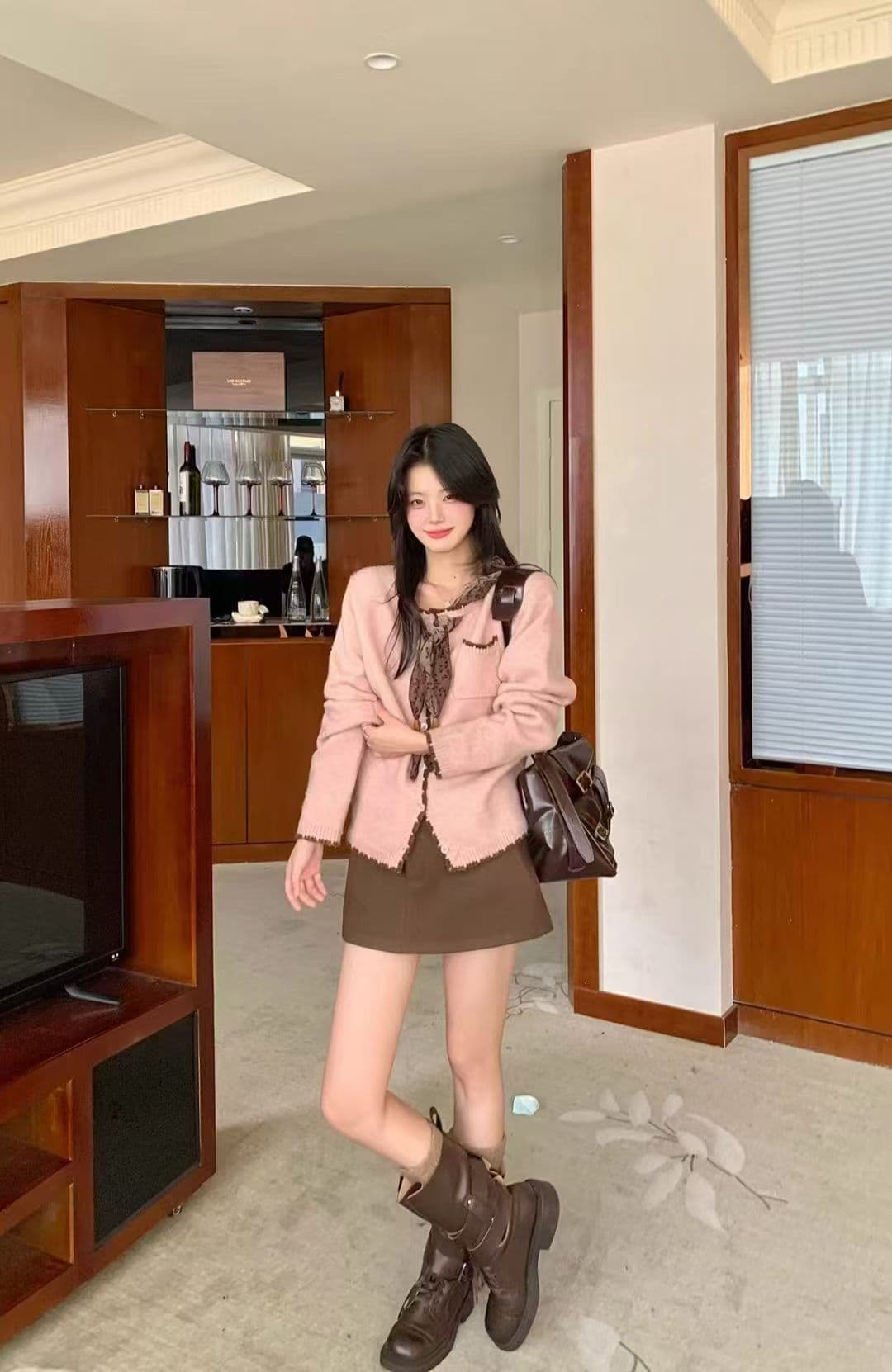 애 애 사심없는 낭만주의 양 양모 혼합 라운드 넥 니트 스웨터 배색 측면 Chic 리본 스웨터 오픈 가디건 상세 이미지 9