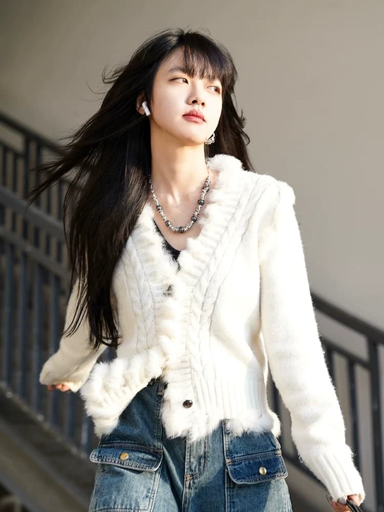 숙박 털 레트로 느긋한 바람 꽈배기 스웨터 여성 코트 가을 겨울 작은 키 V넥 쇼트 스타일 니트 오픈 가디건 맨위 이미지 2