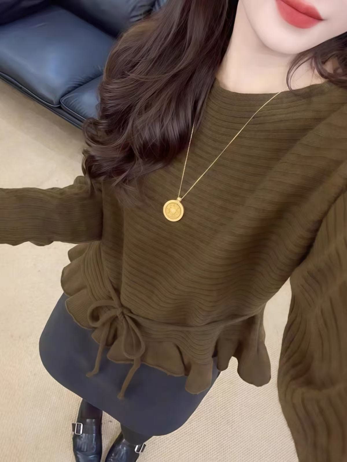 주 추 부드러운 달콤한 꿈 레이스업 허리 수축 프릴 니트 스웨터 여성 겨울 한 부서 보트넥 루즈핏 느긋한 스웨터 상세 이미지 1