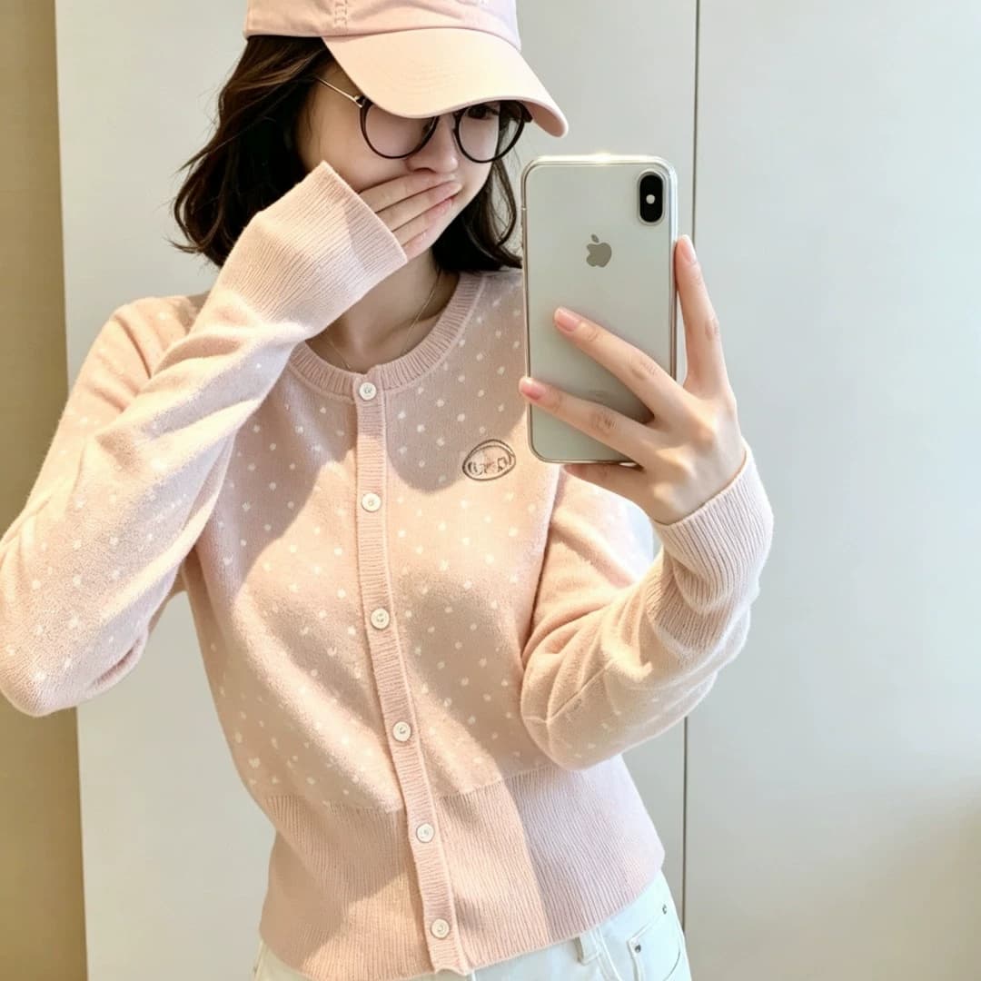 한 부서 라운드 넥 배색 도트 무늬 Chic 강아지 자수 쇼트 스타일 허리 수축 오픈 가디건 단추 스웨터 코트 맨위 여성