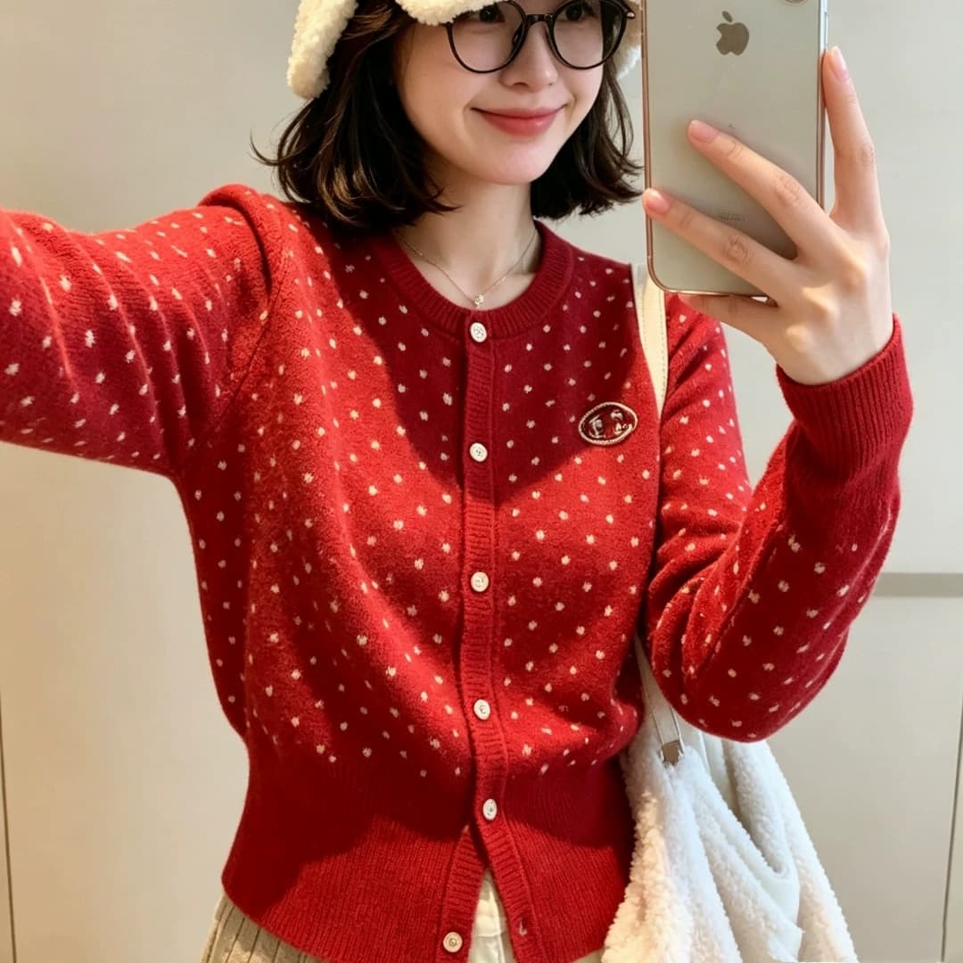 한 부서 라운드 넥 배색 도트 무늬 Chic 강아지 자수 쇼트 스타일 허리 수축 오픈 가디건 단추 스웨터 코트 맨위 여성 이미지 2