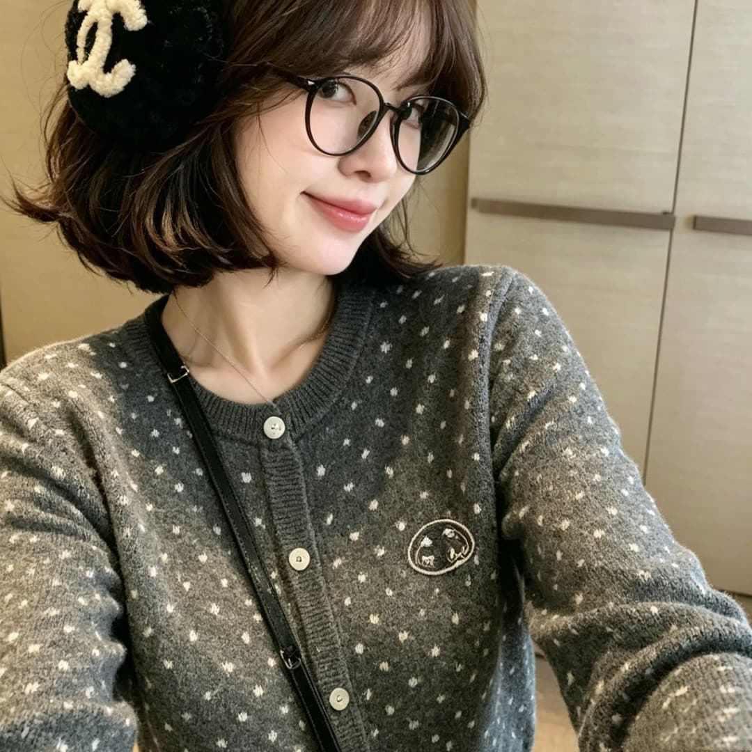 한 부서 라운드 넥 배색 도트 무늬 Chic 강아지 자수 쇼트 스타일 허리 수축 오픈 가디건 단추 스웨터 코트 맨위 여성 상세 이미지 7