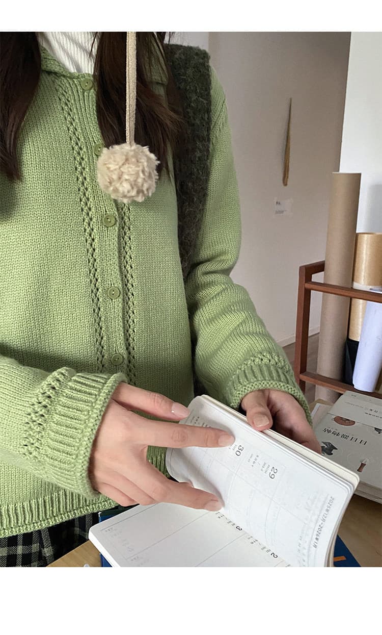 우유 토끼 행성 직접 만든 따뜻한 섬 폴로 칼라 작은 홀로우 아웃 레이스 스웨터 오픈 가디건 여성 코트 식물 플러시 버클 니트 맨위 상세 이미지 31