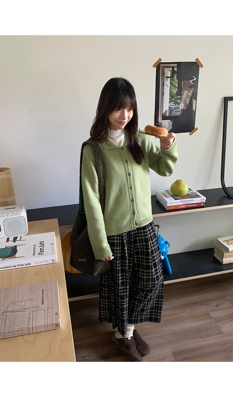 우유 토끼 행성 직접 만든 따뜻한 섬 폴로 칼라 작은 홀로우 아웃 레이스 스웨터 오픈 가디건 여성 코트 식물 플러시 버클 니트 맨위 상세 이미지 36