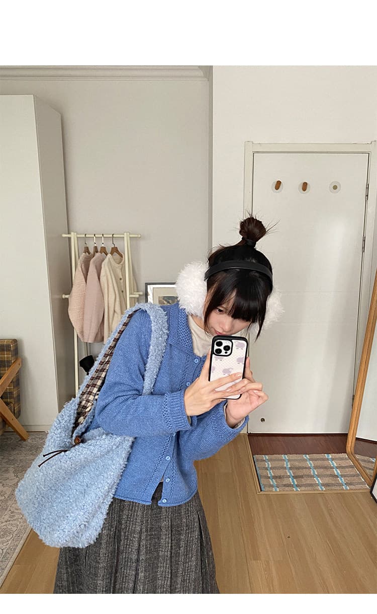 우유 토끼 행성 직접 만든 따뜻한 섬 폴로 칼라 작은 홀로우 아웃 레이스 스웨터 오픈 가디건 여성 코트 식물 플러시 버클 니트 맨위 상세 이미지 77