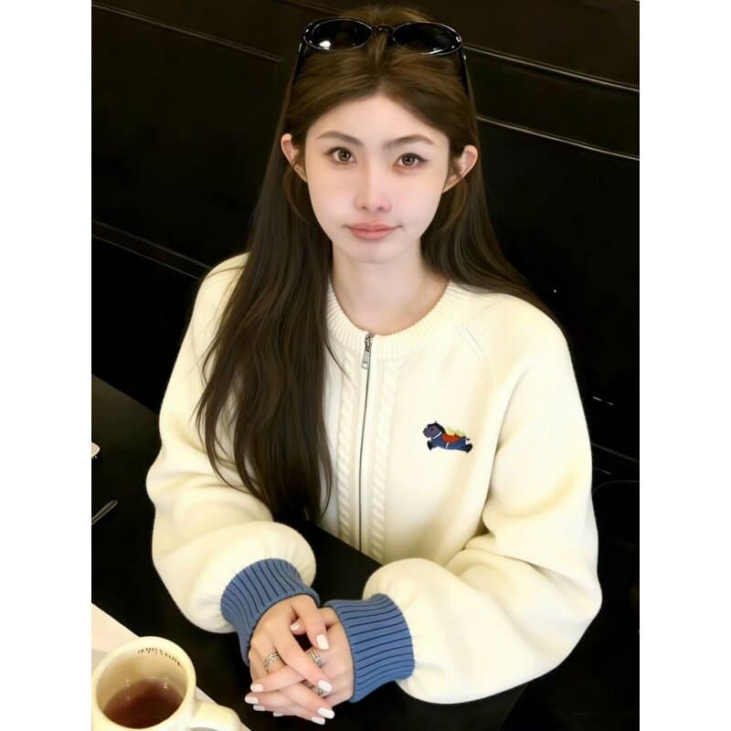 화이트 작은 말 자수 트위스트 무늬 지퍼 스웨터 오픈 가디건 여성 봄 느긋한 고급 센스 자이언트 잘 생긴 니트 맨위