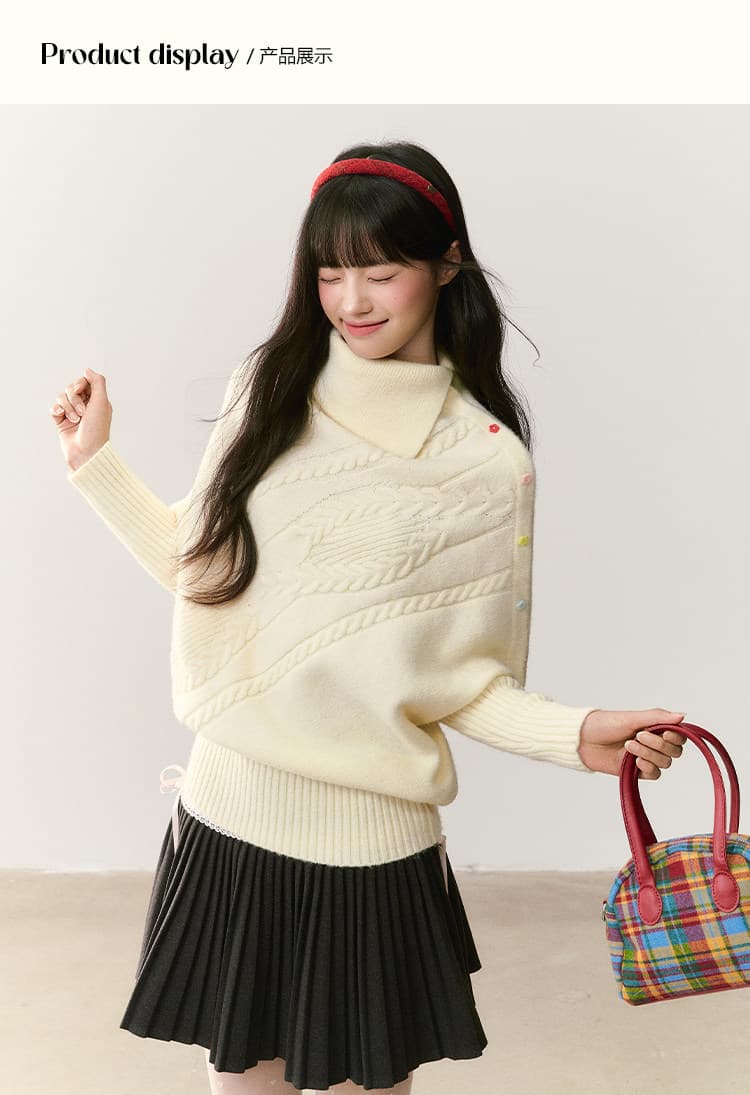 umoumo 우 버섯 베이지 색 트위스트 꽃 루즈핏 맨위 폐회 밑단 비대칭 폴로 칼라 색상 버클 망토 스웨터 상세 이미지 13