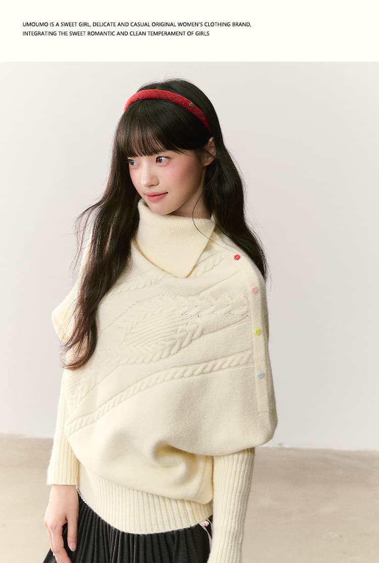 umoumo 우 버섯 베이지 색 트위스트 꽃 루즈핏 맨위 폐회 밑단 비대칭 폴로 칼라 색상 버클 망토 스웨터 상세 이미지 14