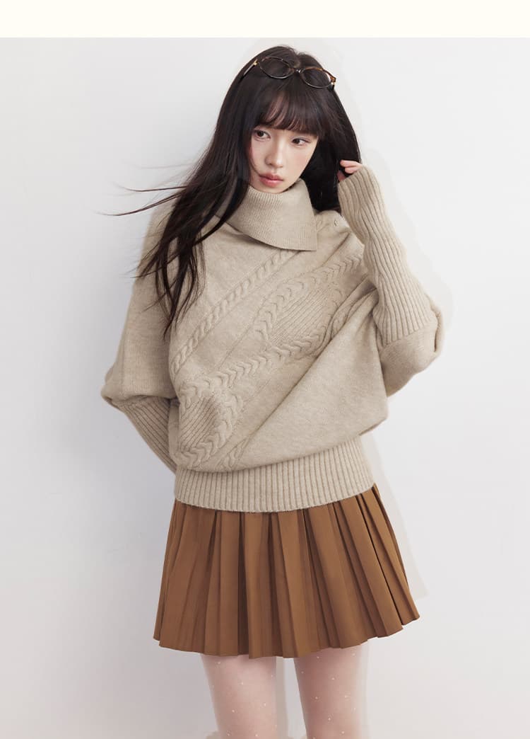 umoumo 우 버섯 베이지 색 트위스트 꽃 루즈핏 맨위 폐회 밑단 비대칭 폴로 칼라 색상 버클 망토 스웨터 상세 이미지 18