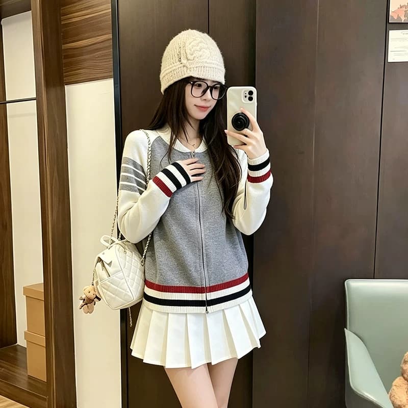한 부서 학원 스타일 패치워크 색상 니트 오픈 가디건 여성 코트 이른 가을 외출용 작은 키 루즈핏 쇼트 스타일 야구 유니폼 맨위
