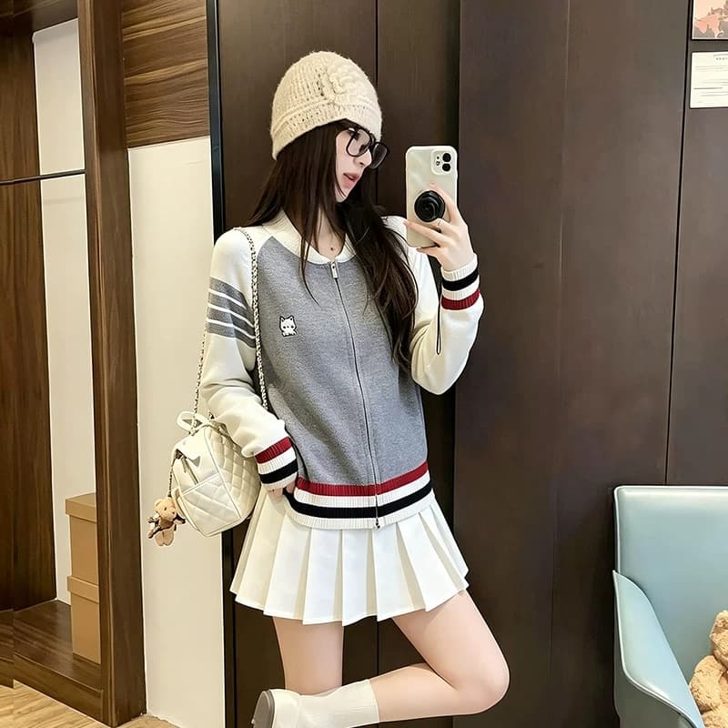 한 부서 학원 스타일 패치워크 색상 니트 오픈 가디건 여성 코트 이른 가을 외출용 작은 키 루즈핏 쇼트 스타일 야구 유니폼 맨위 이미지 3