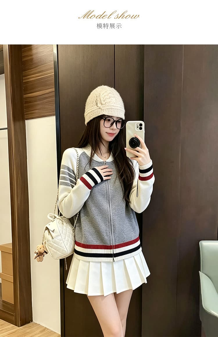 한 부서 학원 스타일 패치워크 색상 니트 오픈 가디건 여성 코트 이른 가을 외출용 작은 키 루즈핏 쇼트 스타일 야구 유니폼 맨위 상세 이미지 6