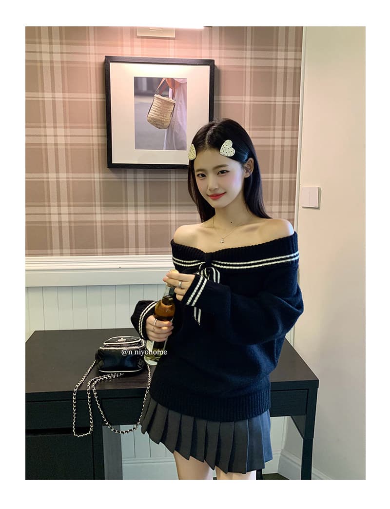 작은 요정 니켈 어린이 오프숄더 나비 매듭 니트 스웨터 여성 가을 인기 폭발 몸매 가꾸기 순수한 욕망 오프숄더 스웨터 맨위 상세 이미지 6