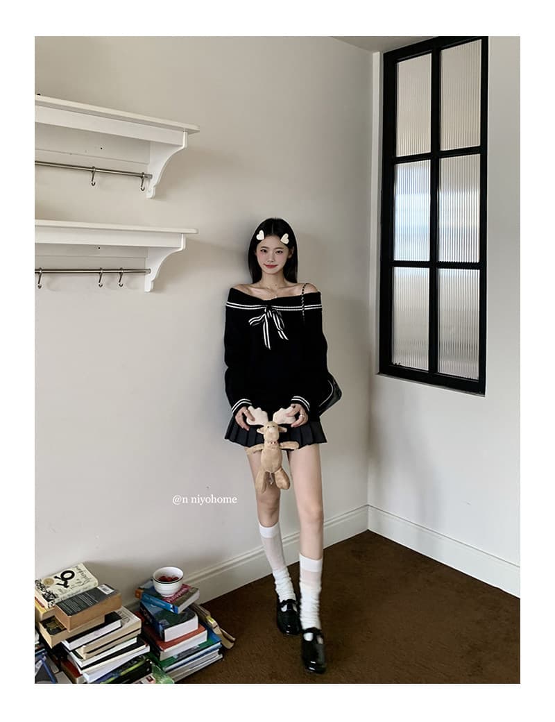 작은 요정 니켈 어린이 오프숄더 나비 매듭 니트 스웨터 여성 가을 인기 폭발 몸매 가꾸기 순수한 욕망 오프숄더 스웨터 맨위 상세 이미지 17