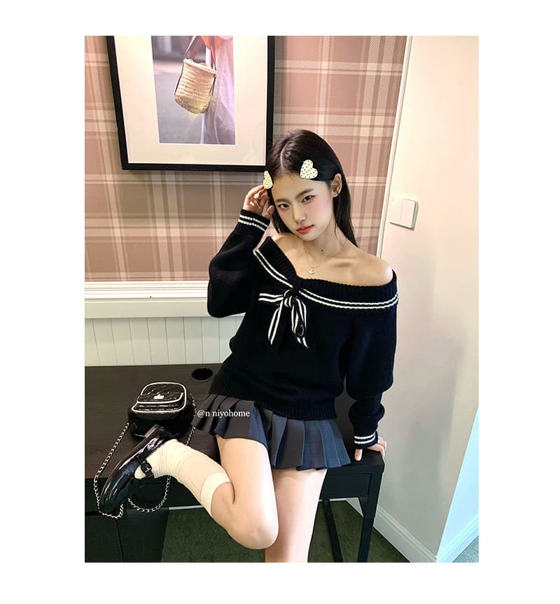 작은 요정 니켈 어린이 오프숄더 나비 매듭 니트 스웨터 여성 가을 인기 폭발 몸매 가꾸기 순수한 욕망 오프숄더 스웨터 맨위 상세 이미지 18