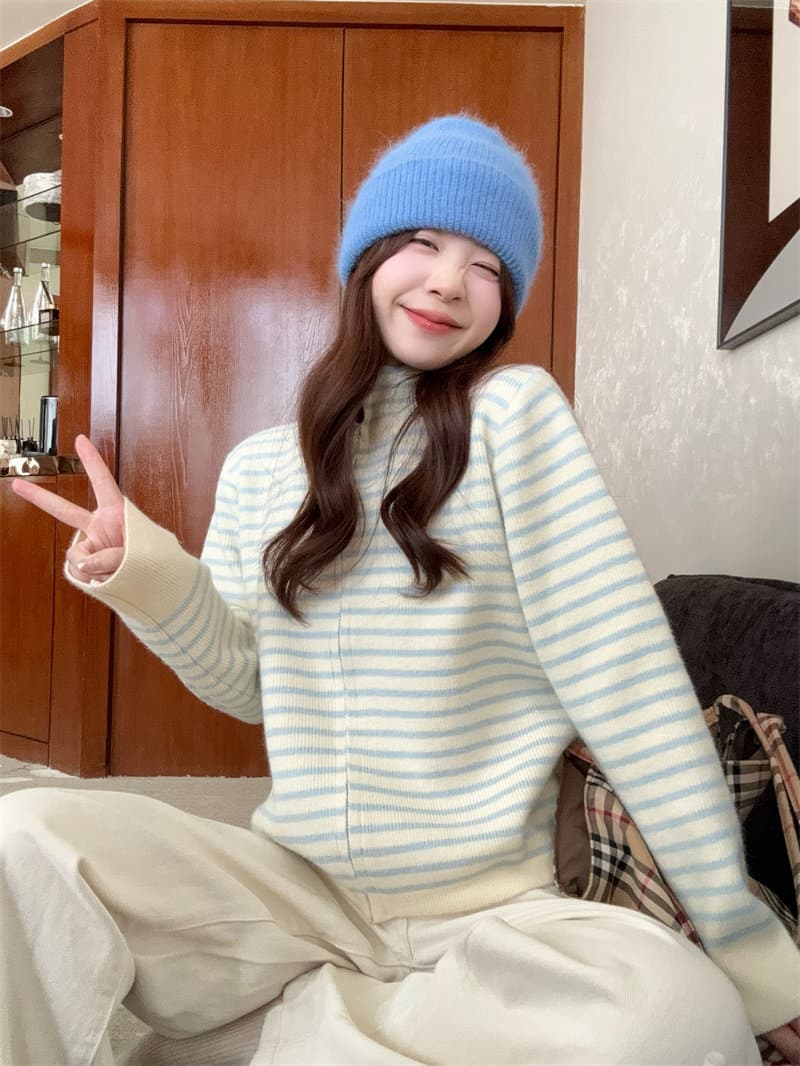 조기 가을 의상 한 부서 배색 스트라이프 니트 오픈 가디건 여성 2026 새로운 루즈핏 느긋한 지퍼 스웨터 코트 맨위 상세 이미지 11