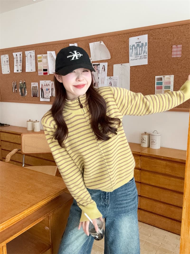 조기 가을 의상 한 부서 배색 스트라이프 니트 오픈 가디건 여성 2026 새로운 루즈핏 느긋한 지퍼 스웨터 코트 맨위 상세 이미지 16