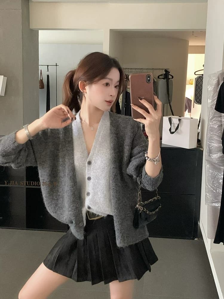 아름다움 라드. 커피 색상 배색 페이크 레이어드 V넥 니트 오픈 가디건 여성 가을 고급 센스 느긋한 스웨터 코트 맨위 이미지 4