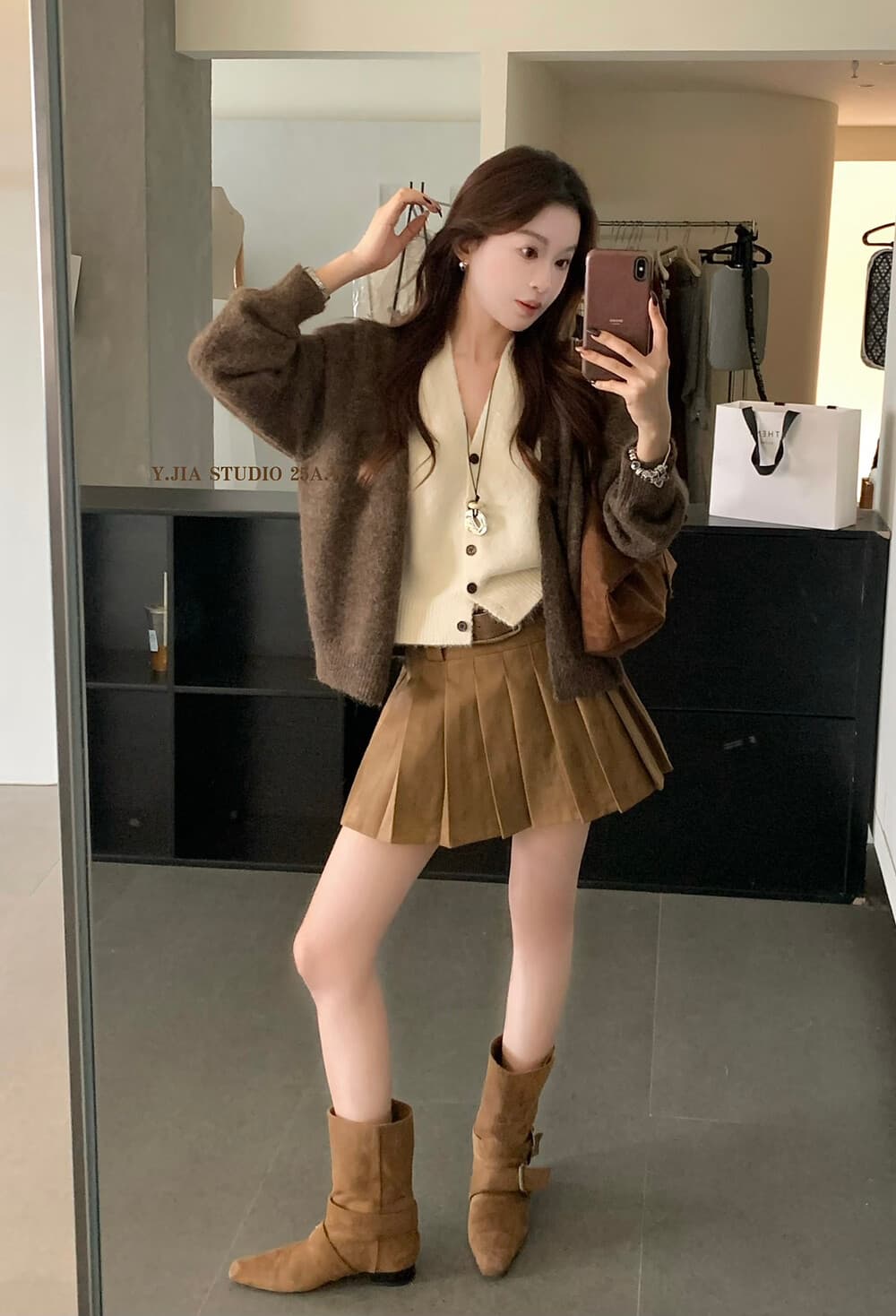 아름다움 라드. 커피 색상 배색 페이크 레이어드 V넥 니트 오픈 가디건 여성 가을 고급 센스 느긋한 스웨터 코트 맨위 상세 이미지 14