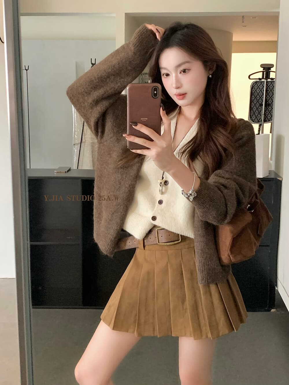 아름다움 라드. 커피 색상 배색 페이크 레이어드 V넥 니트 오픈 가디건 여성 가을 고급 센스 느긋한 스웨터 코트 맨위 상세 이미지 15