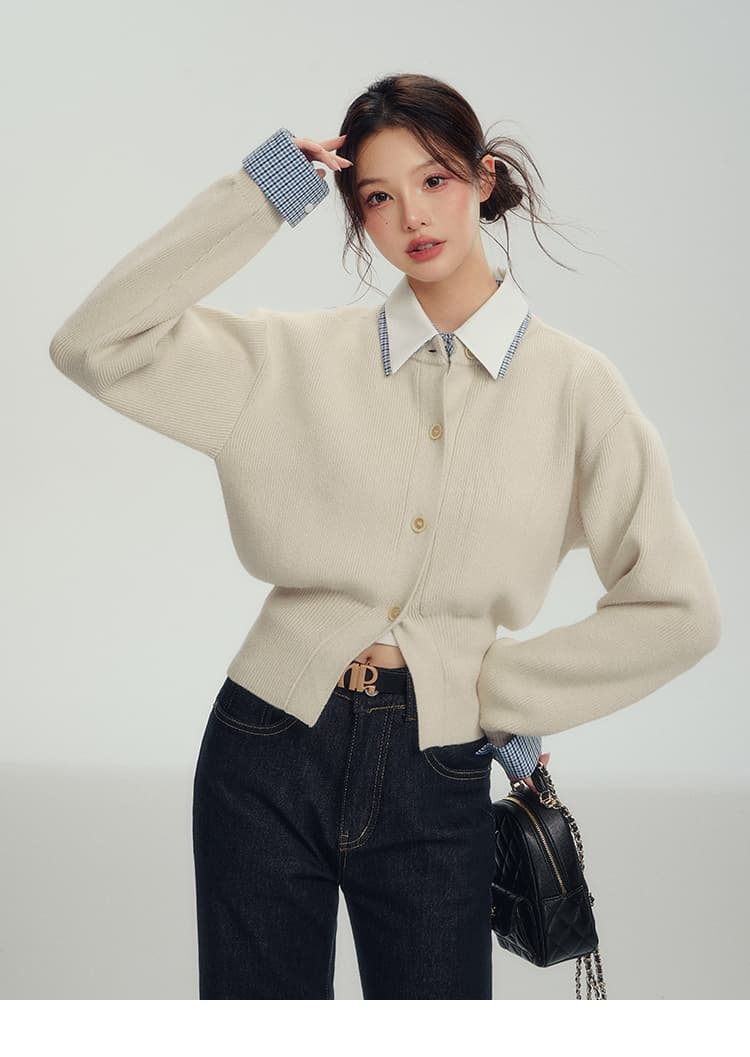 2026 가을 새로운 착용 가져 가라. 스웨터 허리 수축 맨위 페이크 레이어드 셔츠 칼라 니트 스웨터 여성 상세 이미지 14