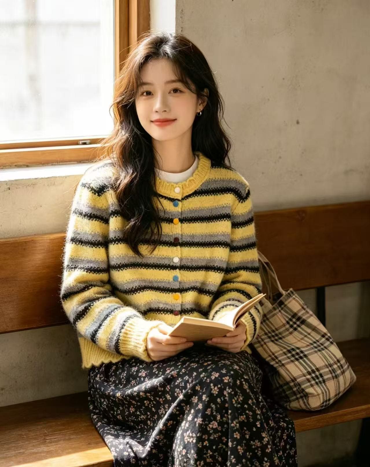 한 부서 부드러운 바람 배색 스트라이프 스웨터 니트 카디건 코트 라운드 넥 다용도 슬림해 보이는 느긋한 바람 맨위 상세 이미지 2