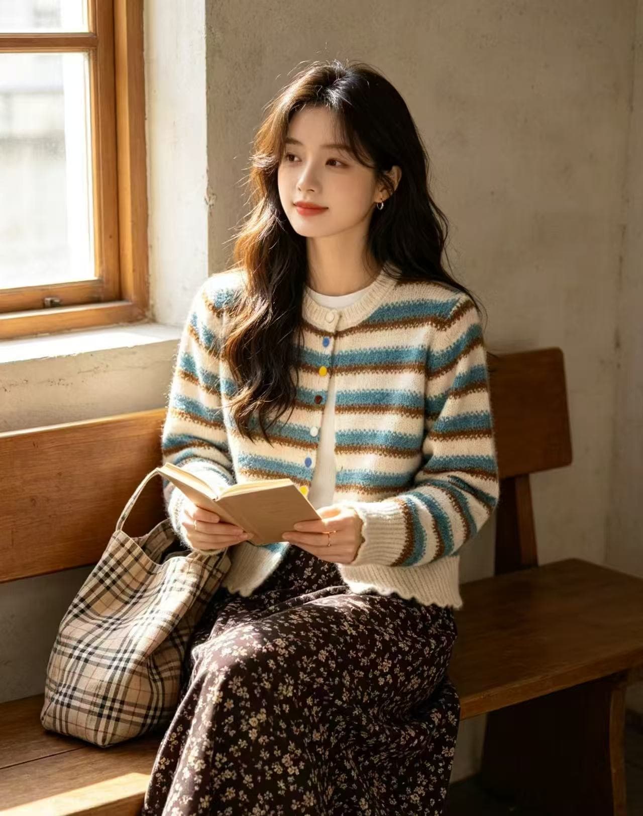 한 부서 부드러운 바람 배색 스트라이프 스웨터 니트 카디건 코트 라운드 넥 다용도 슬림해 보이는 느긋한 바람 맨위 상세 이미지 7