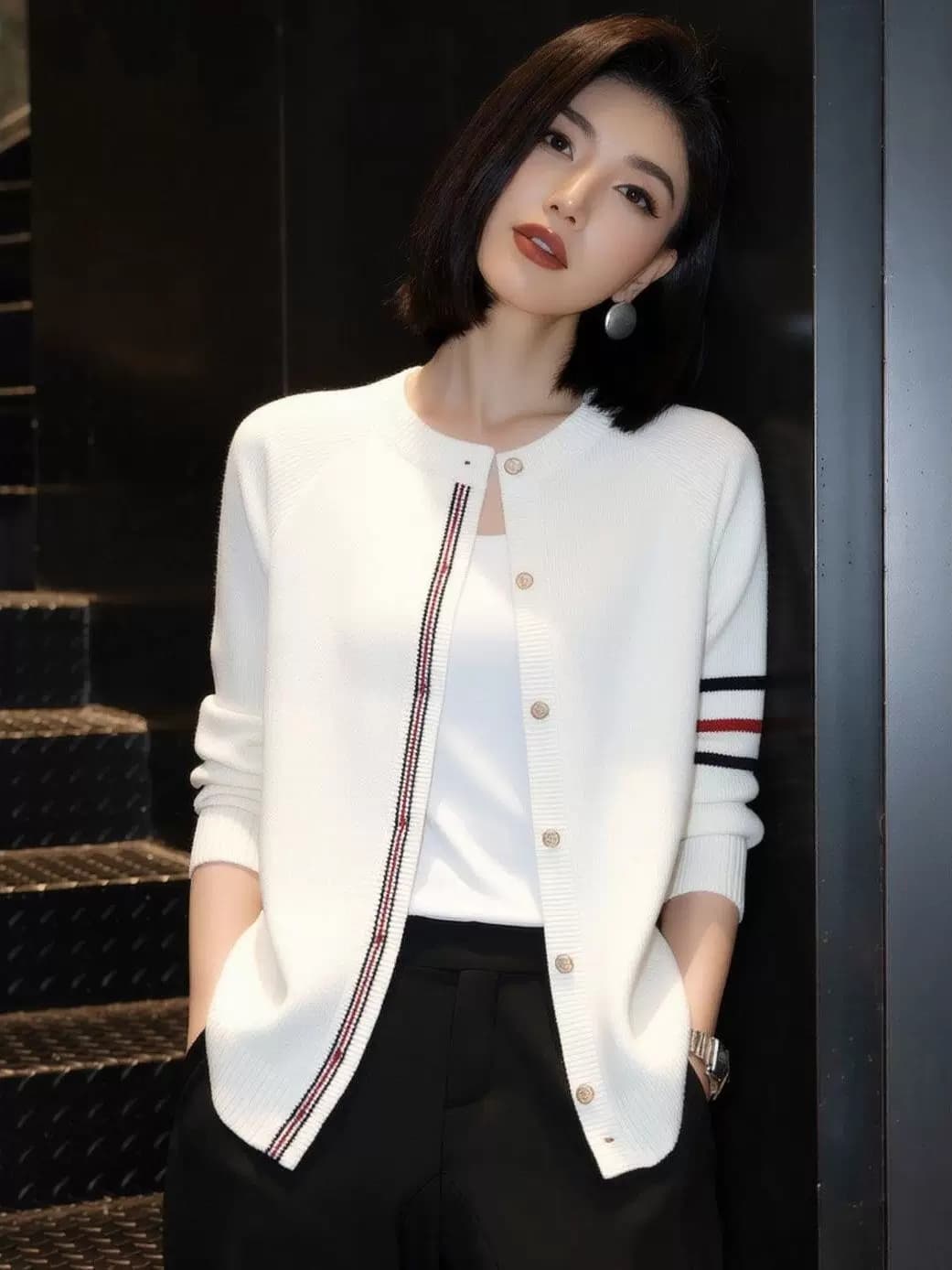 봄 가을 오픈 가디건 여성 스트라이프 새로운 양모 라운드 넥 니트 스웨터 쇼트 스타일 재킷 패션 우아함 맨위 스웨터 이미지 4