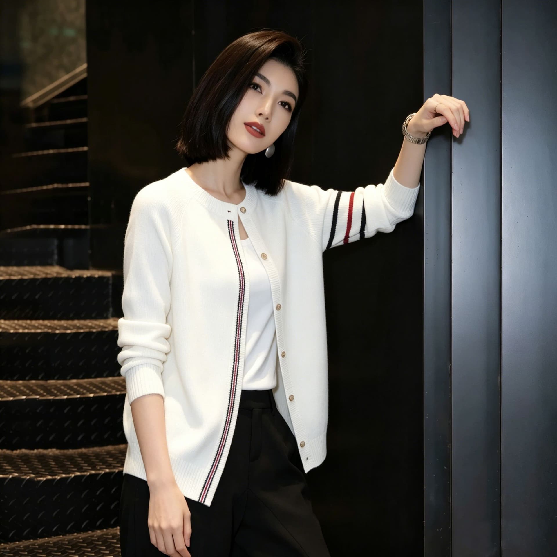 봄 가을 오픈 가디건 여성 스트라이프 새로운 양모 라운드 넥 니트 스웨터 쇼트 스타일 재킷 패션 우아함 맨위 스웨터 상세 이미지 7